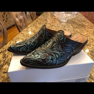 Patricia Nash slip on mules (teal and brown)